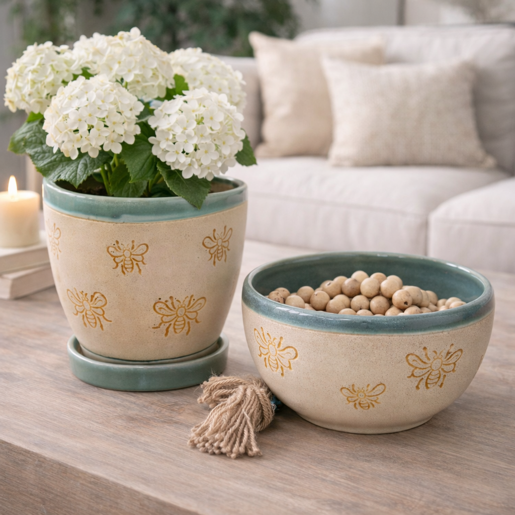 Bee Ceramic Planter – Green Glaze with Saucer