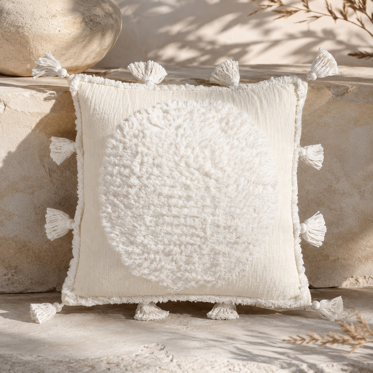 White Circle Cushion with Tassels