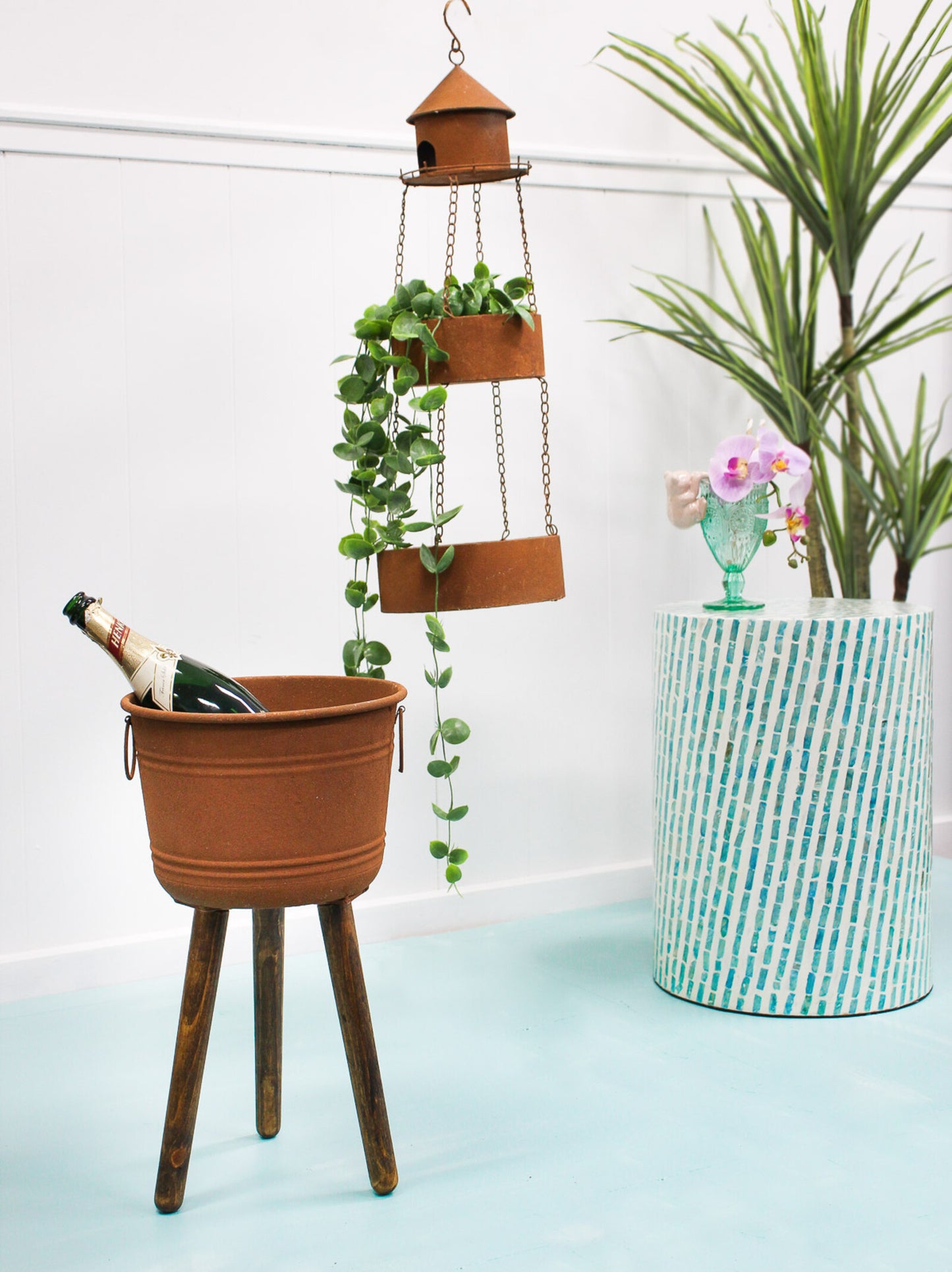 Rustic Metal Planter Hanger with Birdhouse