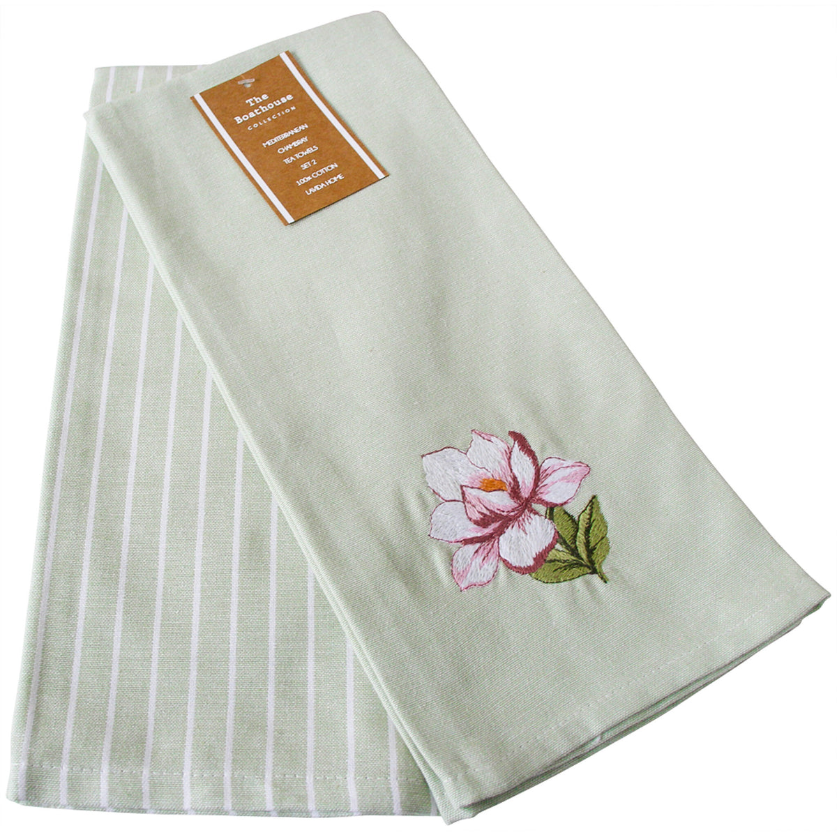 Magnolia Embroidered Cotton Tea Towels – Set of 2 | Pre-Order