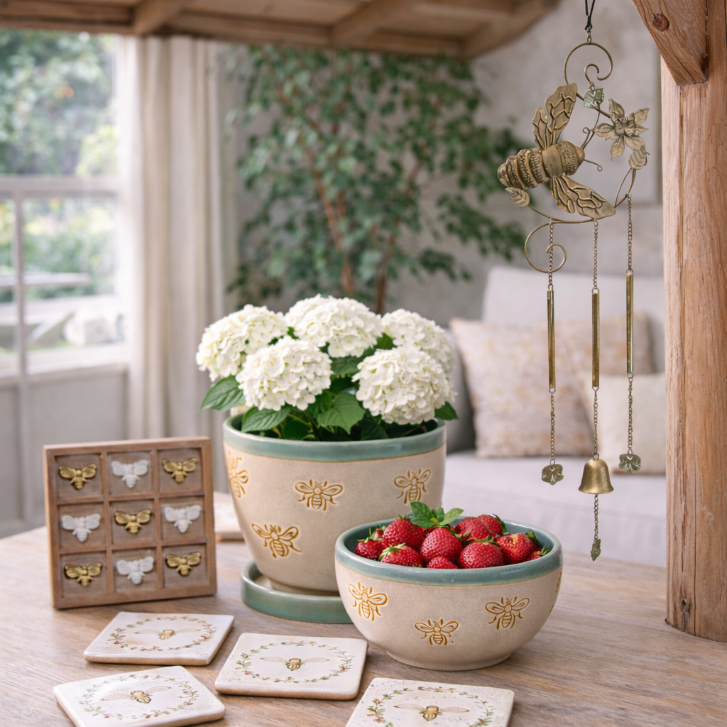 Pretty Bees Coaster Set – Floral & Bee Ceramic S/4