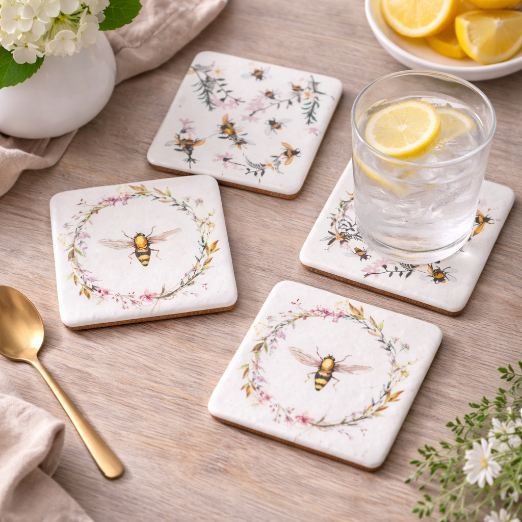 Pretty Bees Coaster Set – Floral & Bee Ceramic S/4