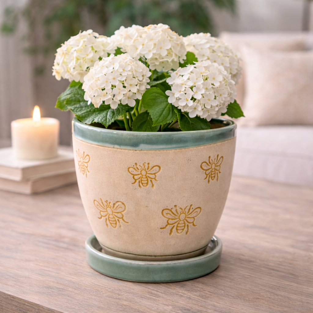 Bee Ceramic Planter – Green Glaze with Saucer