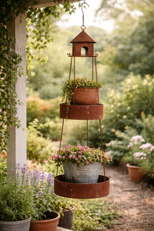 Rustic Metal Planter Hanger with Birdhouse