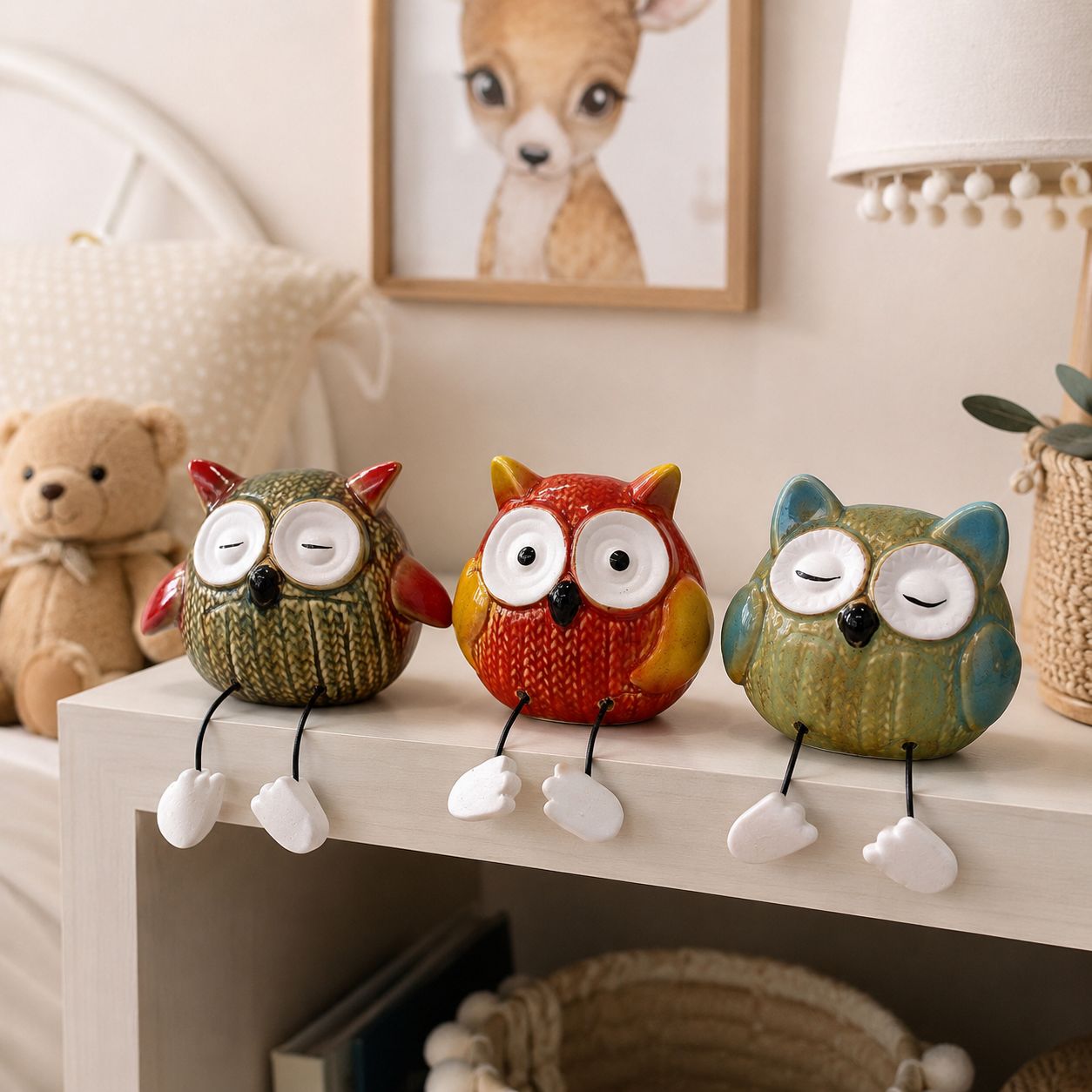 Ceramic Owl Ornament Set with Dangly Legs