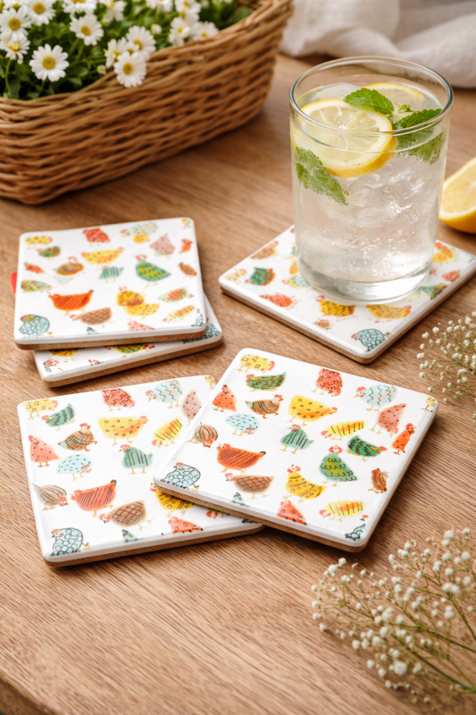 Happy Hen Coasters – Set of 4